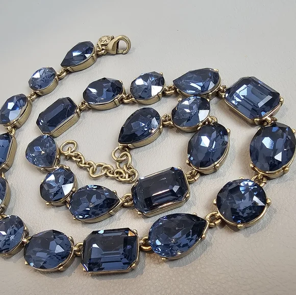 [J. Crew] Blue Crystal Multi Shaped Riviere Gold Toned Statement Necklace - Picture 10 of 16